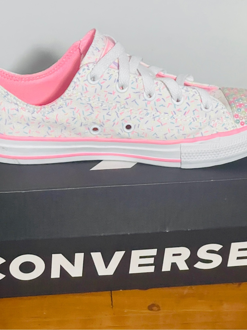 Converse Kids White Sneakers with Pink Trim and Pastel Sprinkle Print